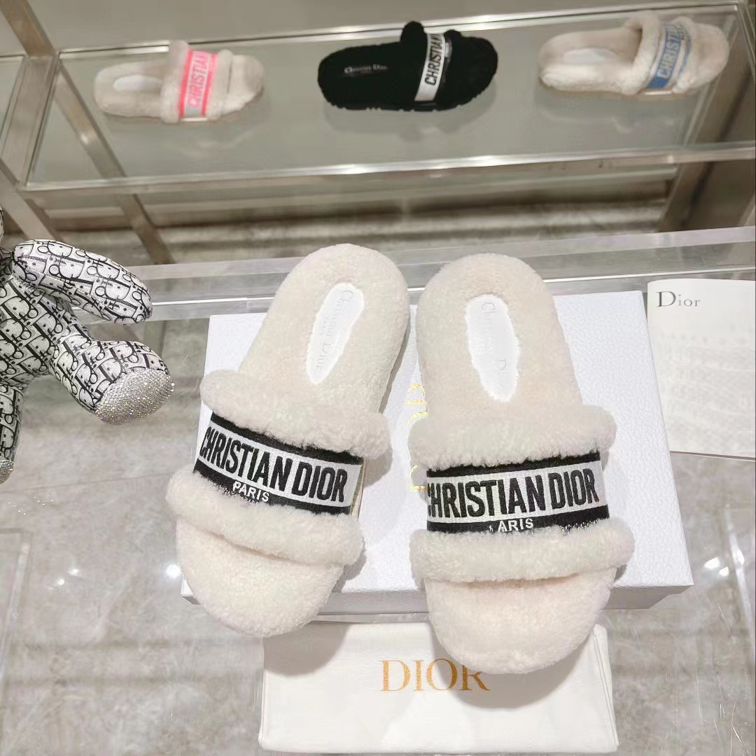Dior Women CD Shoes Dway Slide Black Embroidered Cotton Honey Shearling