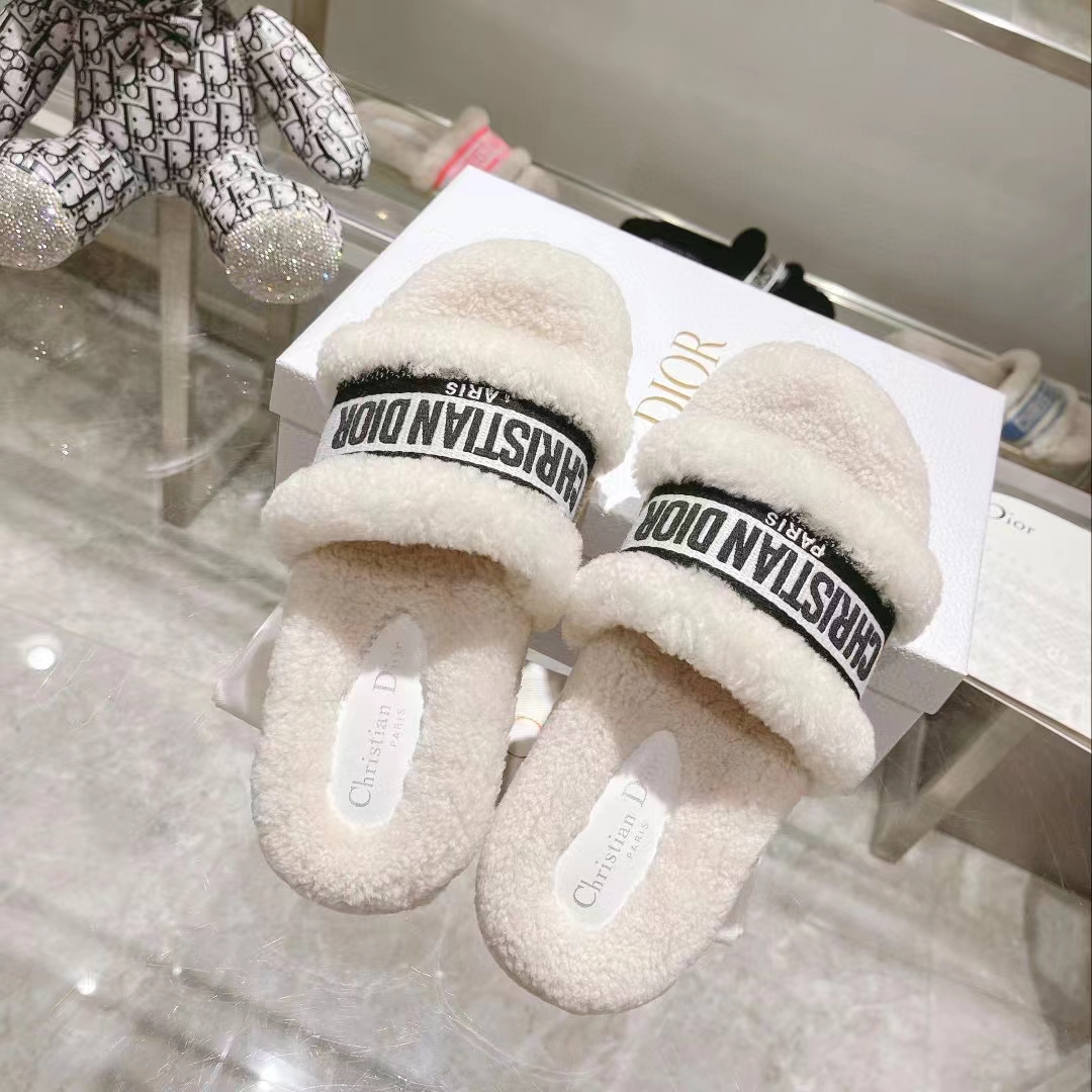 Dior Women CD Shoes Dway Slide Black Embroidered Cotton Honey Shearling