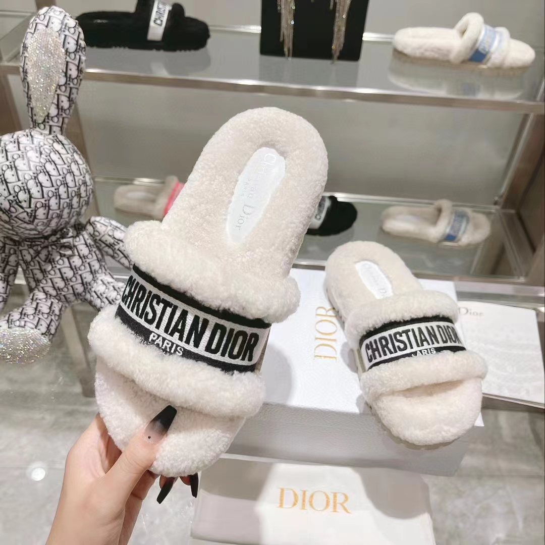 Dior Women CD Shoes Dway Slide Black Embroidered Cotton Honey Shearling