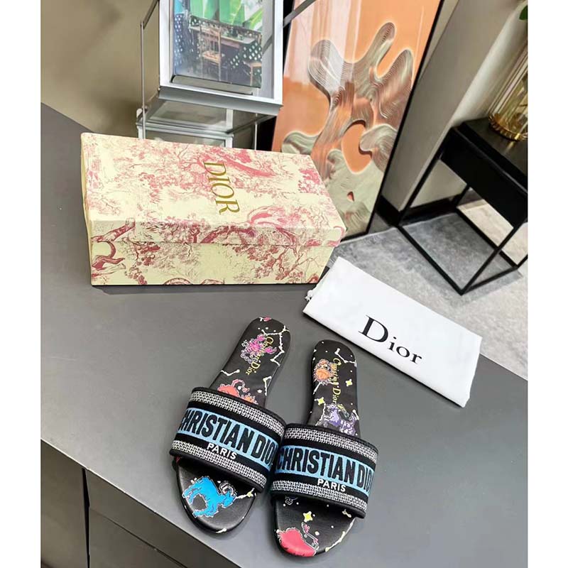 Dior Women CD Shoes Dway Slide Black Multicolor Embroidered Cotton Pixel Zodiac Motif