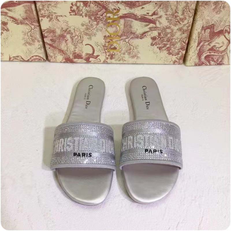 Dior Women CD Shoes Dway Slide Cotton Metallic Thread Embroidery Silver Tone Strass