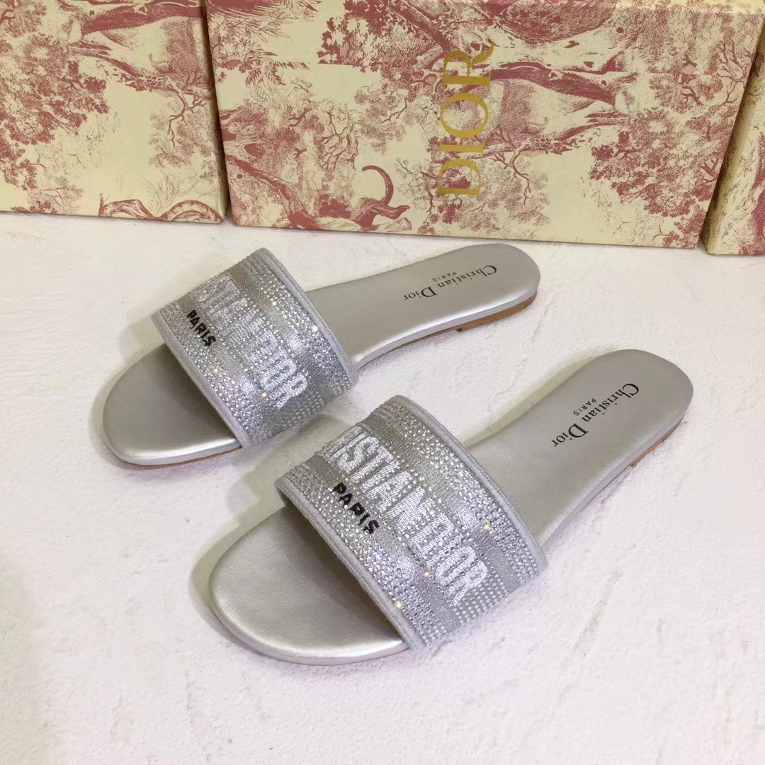Dior Women CD Shoes Dway Slide Cotton Metallic Thread Embroidery Silver Tone Strass
