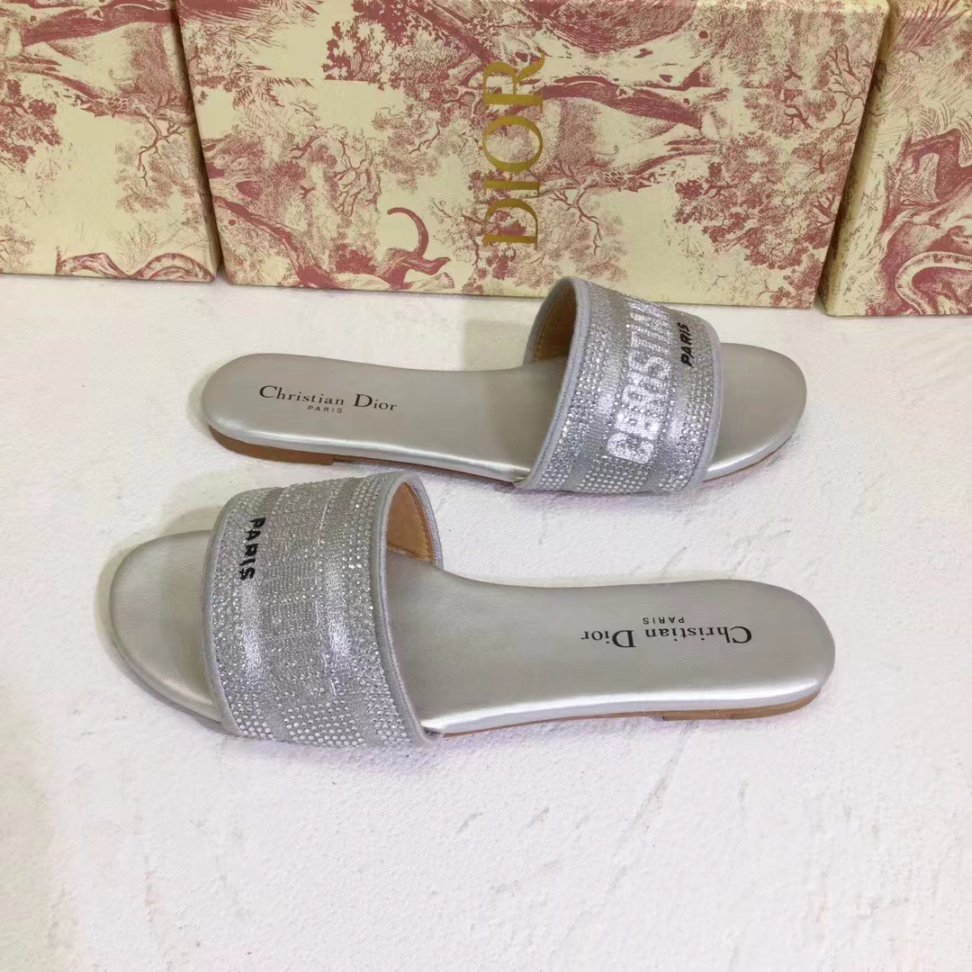Dior Women CD Shoes Dway Slide Cotton Metallic Thread Embroidery Silver Tone Strass