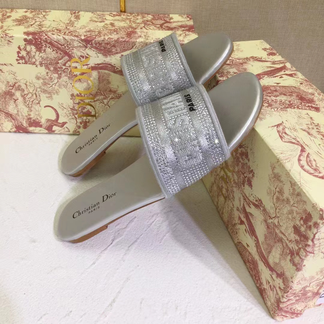 Dior Women CD Shoes Dway Slide Cotton Metallic Thread Embroidery Silver Tone Strass