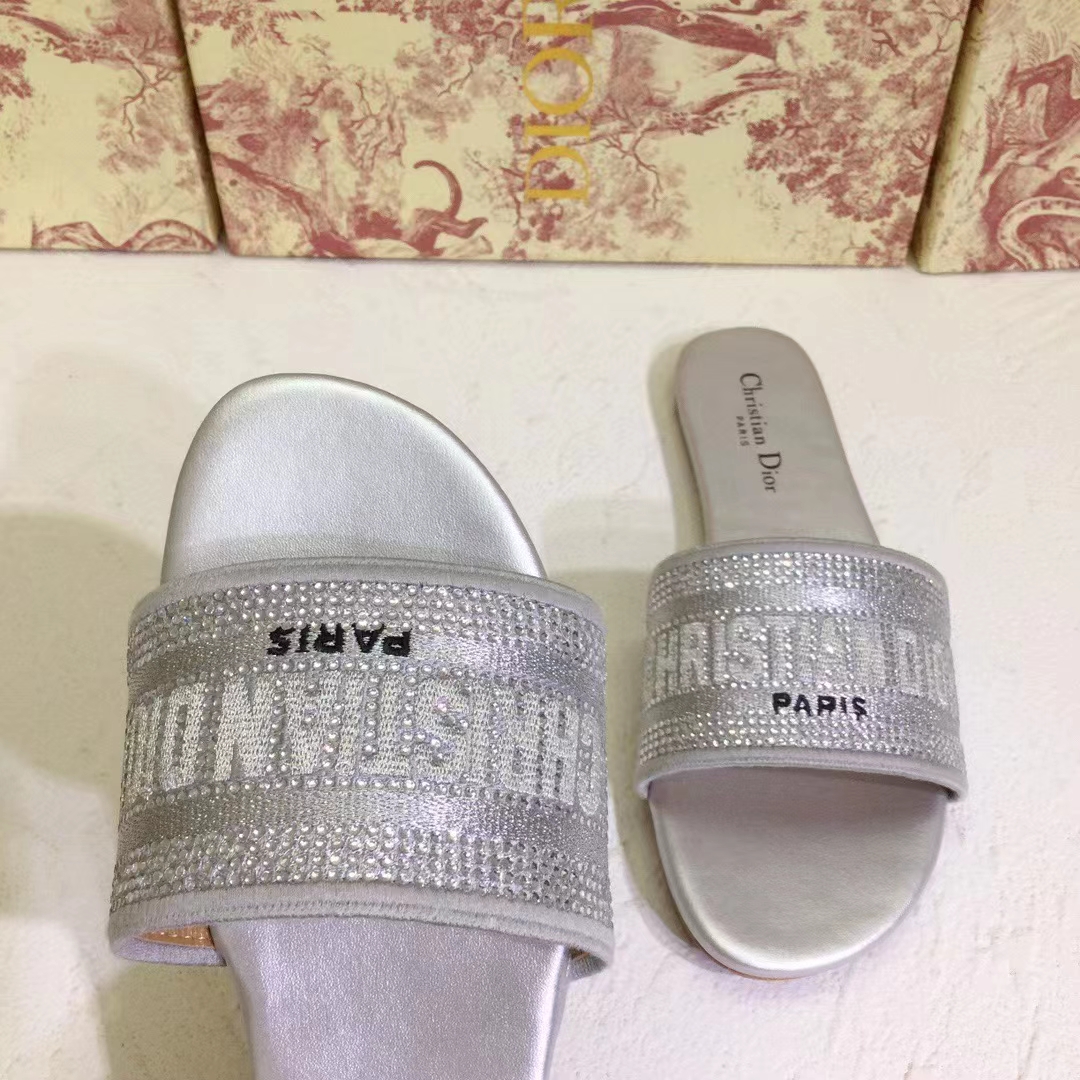 Dior Women CD Shoes Dway Slide Cotton Metallic Thread Embroidery Silver Tone Strass