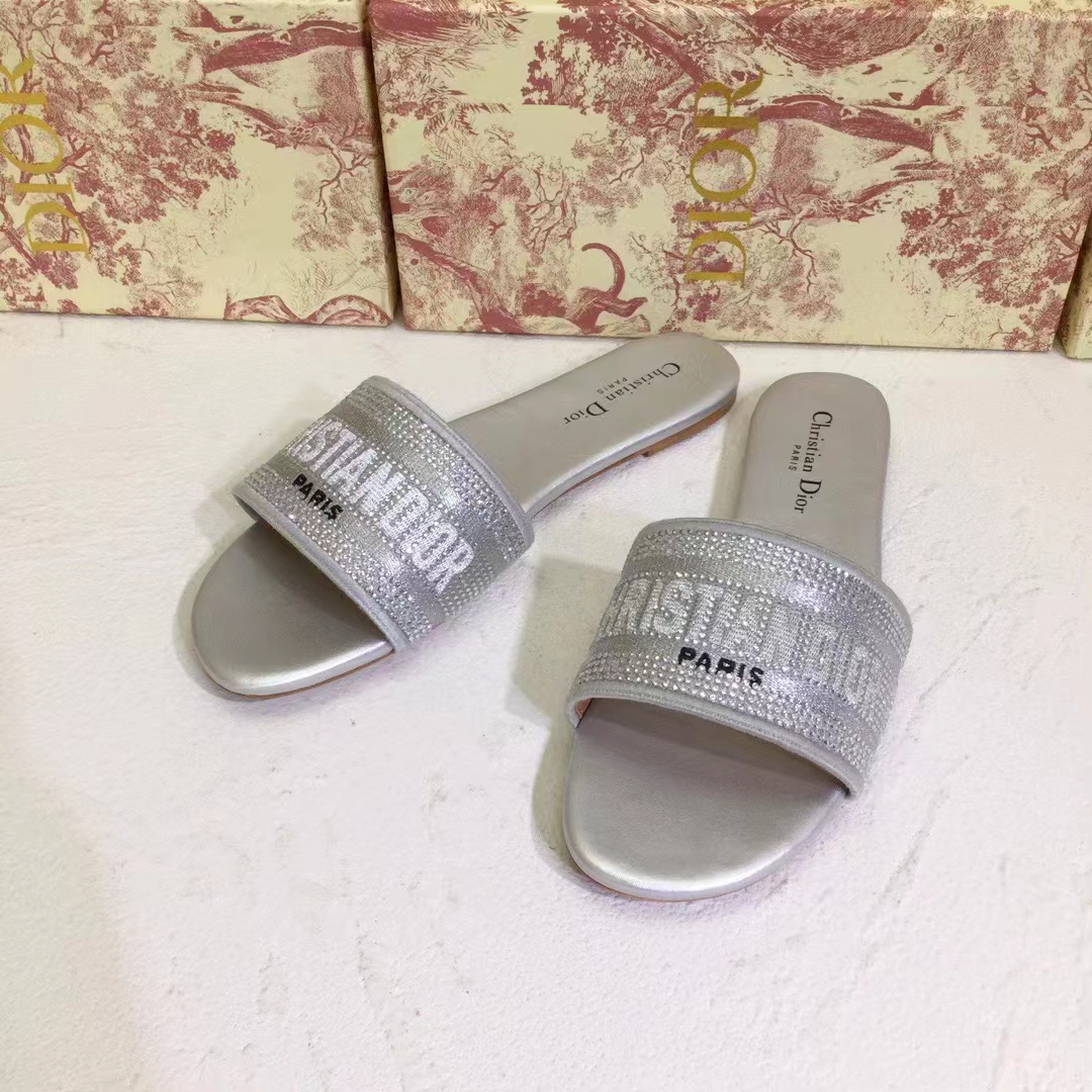 Dior Women CD Shoes Dway Slide Cotton Metallic Thread Embroidery Silver Tone Strass