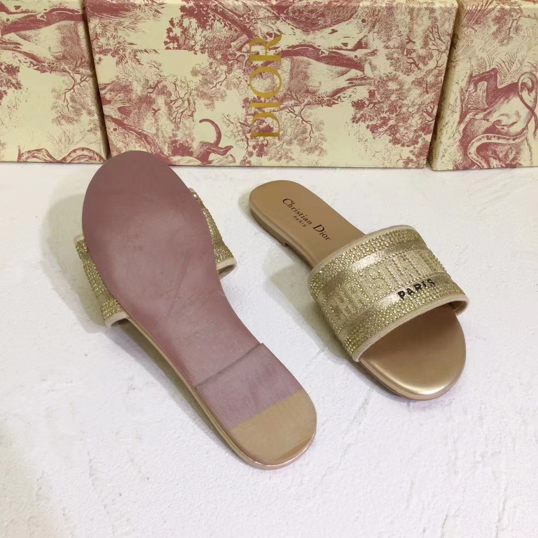 Dior Women CD Shoes Dway Slide Gold Tone Cotton Embroidered Metallic Thread Strass