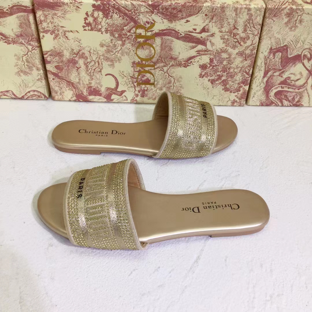 Dior Women CD Shoes Dway Slide Gold Tone Cotton Embroidered Metallic Thread Strass