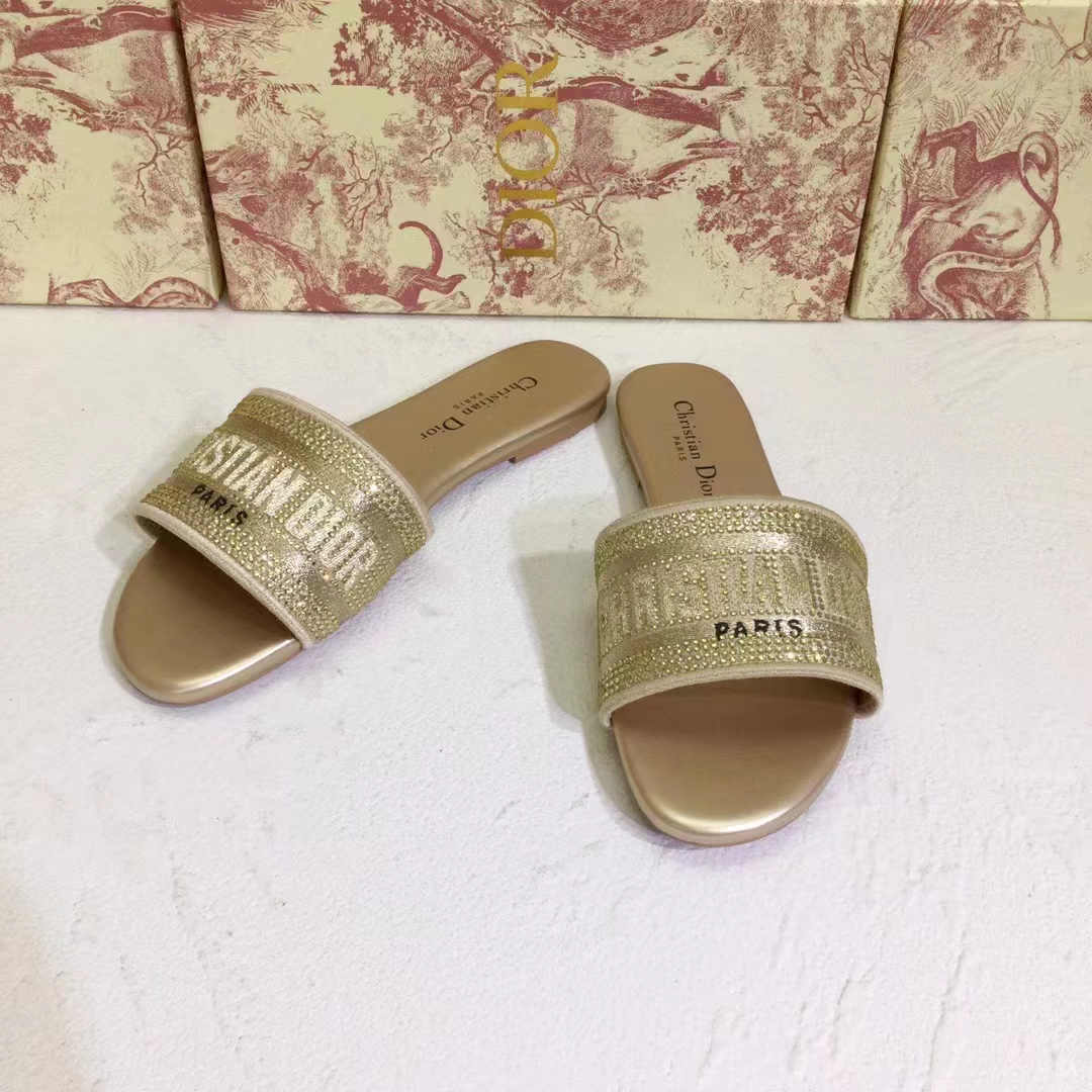 Dior Women CD Shoes Dway Slide Gold Tone Cotton Embroidered Metallic Thread Strass