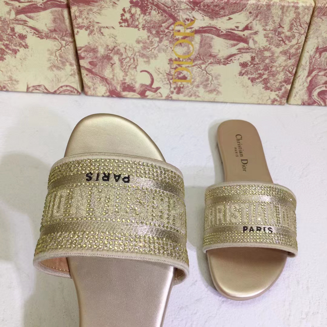 Dior Women CD Shoes Dway Slide Gold Tone Cotton Embroidered Metallic Thread Strass