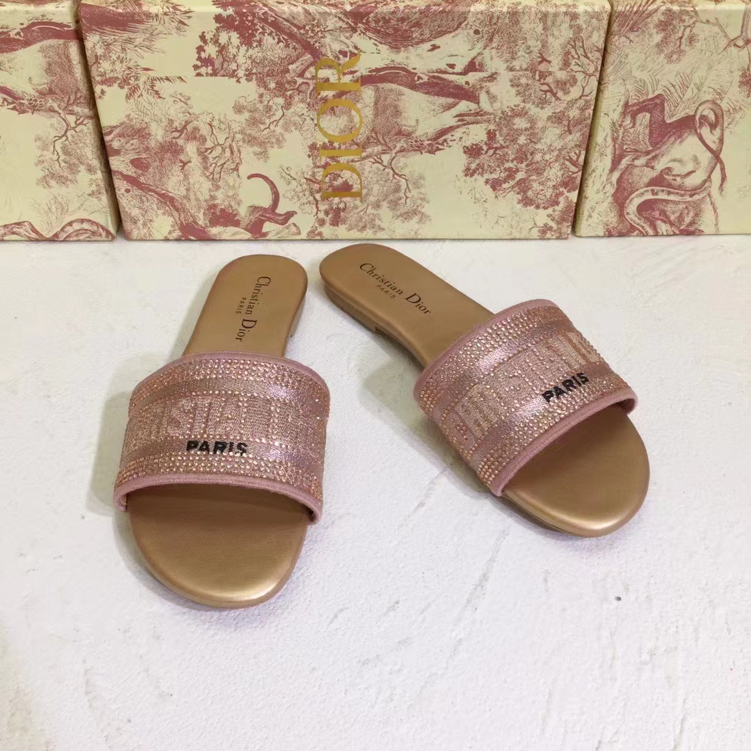 Dior Women CD Shoes Dway Slide Rose Des Vents Cotton Embroidered Metallic Thread Strass