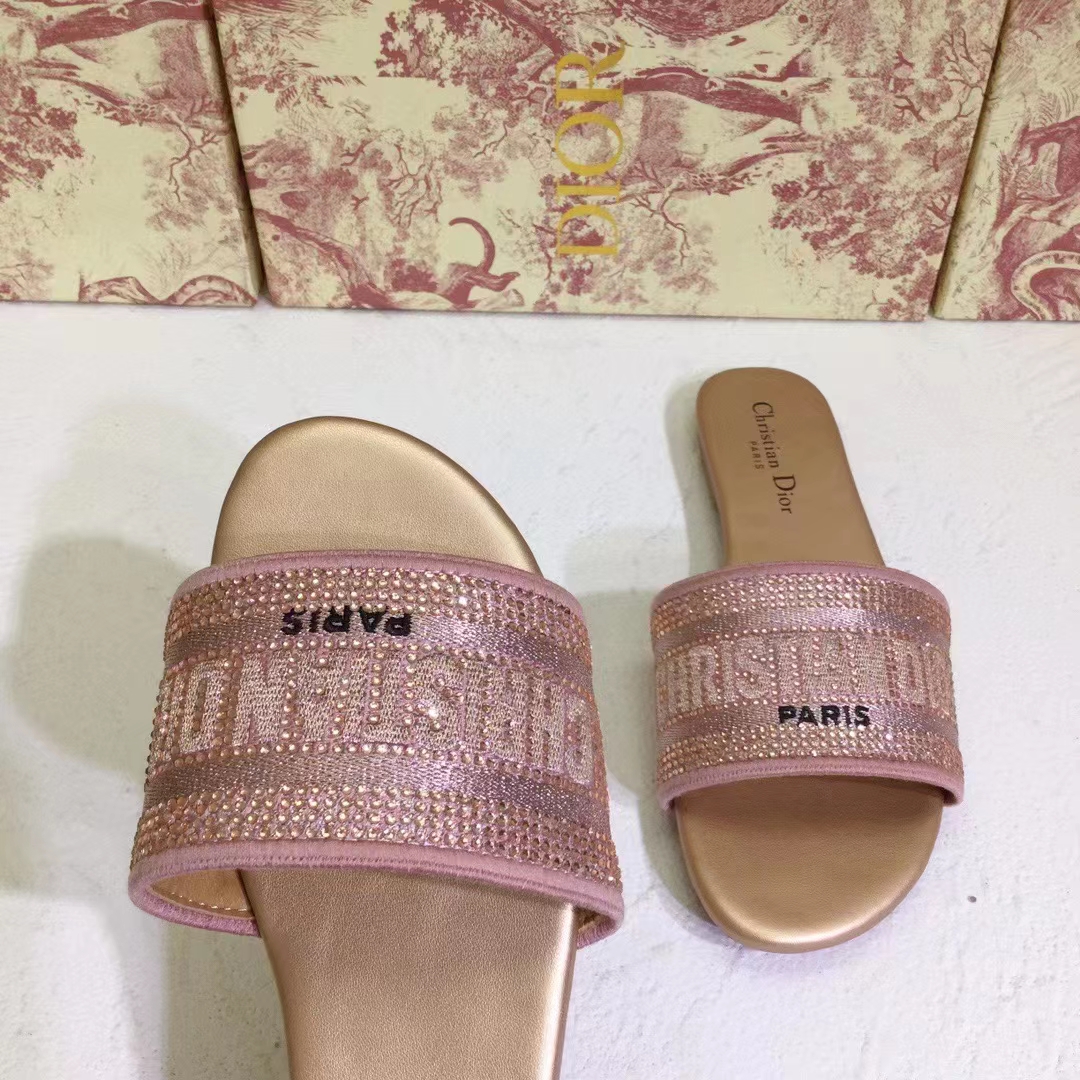 Dior Women CD Shoes Dway Slide Rose Des Vents Cotton Embroidered Metallic Thread Strass