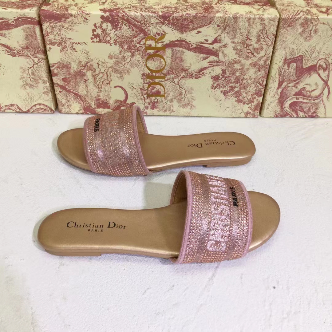 Dior Women CD Shoes Dway Slide Rose Des Vents Cotton Embroidered Metallic Thread Strass