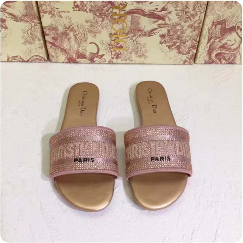 Dior Women CD Shoes Dway Slide Rose Des Vents Cotton Embroidered Metallic Thread Strass