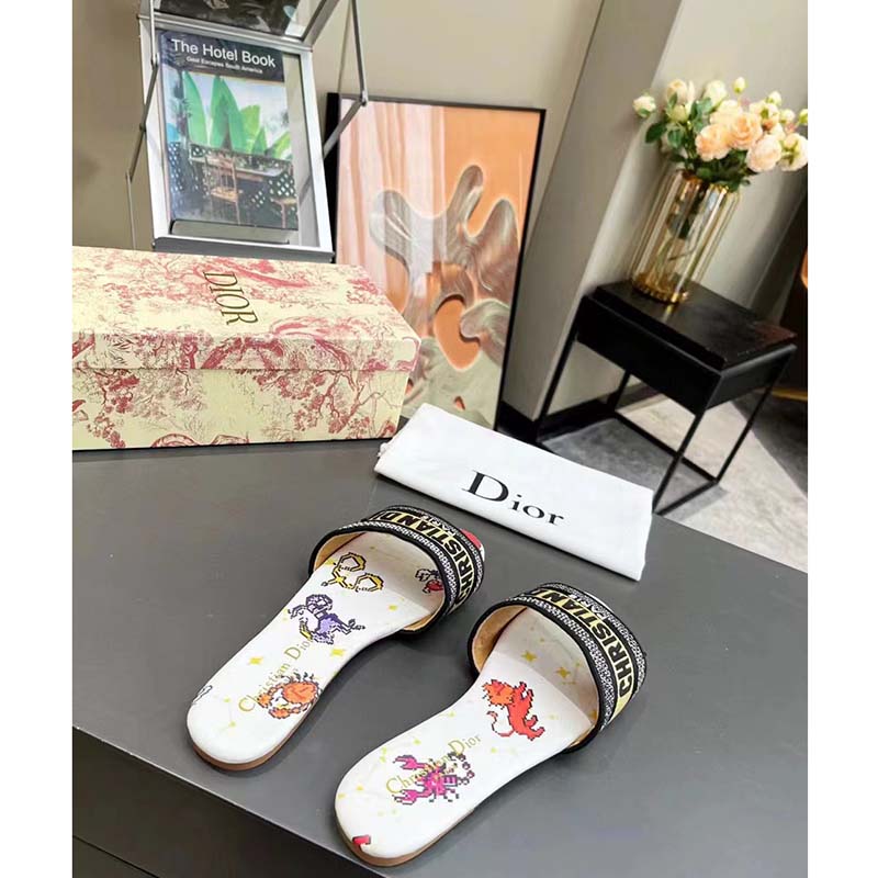 Dior Women CD Shoes Dway Slide White Multicolor Embroidered Cotton Pixel Zodiac Motif