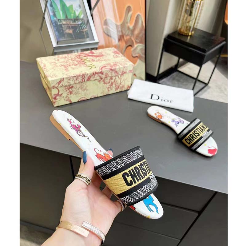 Dior Women CD Shoes Dway Slide White Multicolor Embroidered Cotton Pixel Zodiac Motif