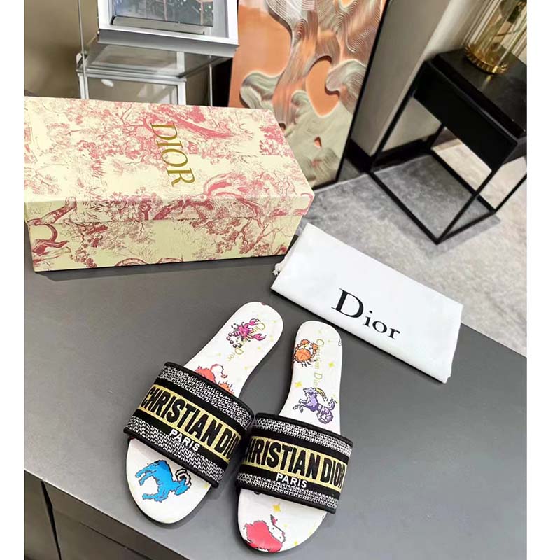 Dior Women CD Shoes Dway Slide White Multicolor Embroidered Cotton Pixel Zodiac Motif