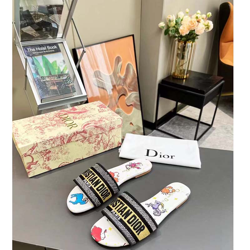 Dior Women CD Shoes Dway Slide White Multicolor Embroidered Cotton Pixel Zodiac Motif