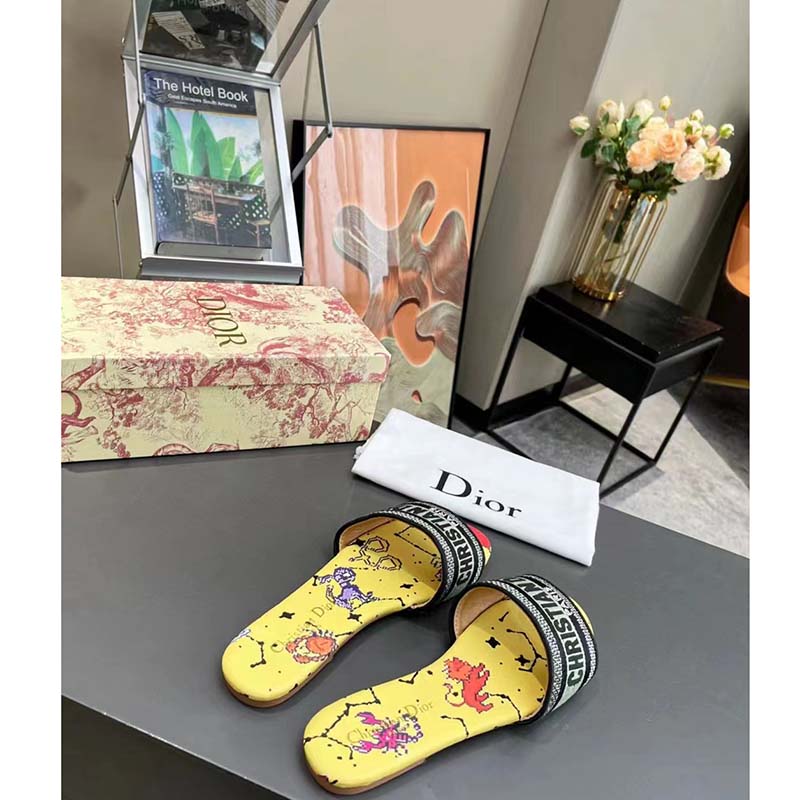 Dior Women CD Shoes Dway Slide Yellow Multicolor Embroidered Cotton Pixel Zodiac Motif