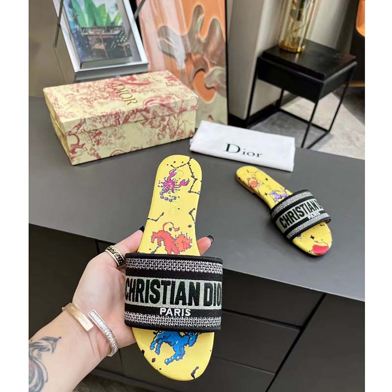 Dior Women CD Shoes Dway Slide Yellow Multicolor Embroidered Cotton Pixel Zodiac Motif