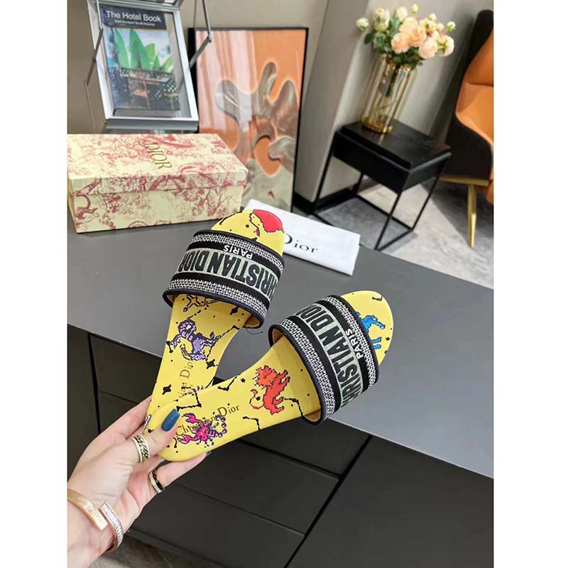 Dior Women CD Shoes Dway Slide Yellow Multicolor Embroidered Cotton Pixel Zodiac Motif