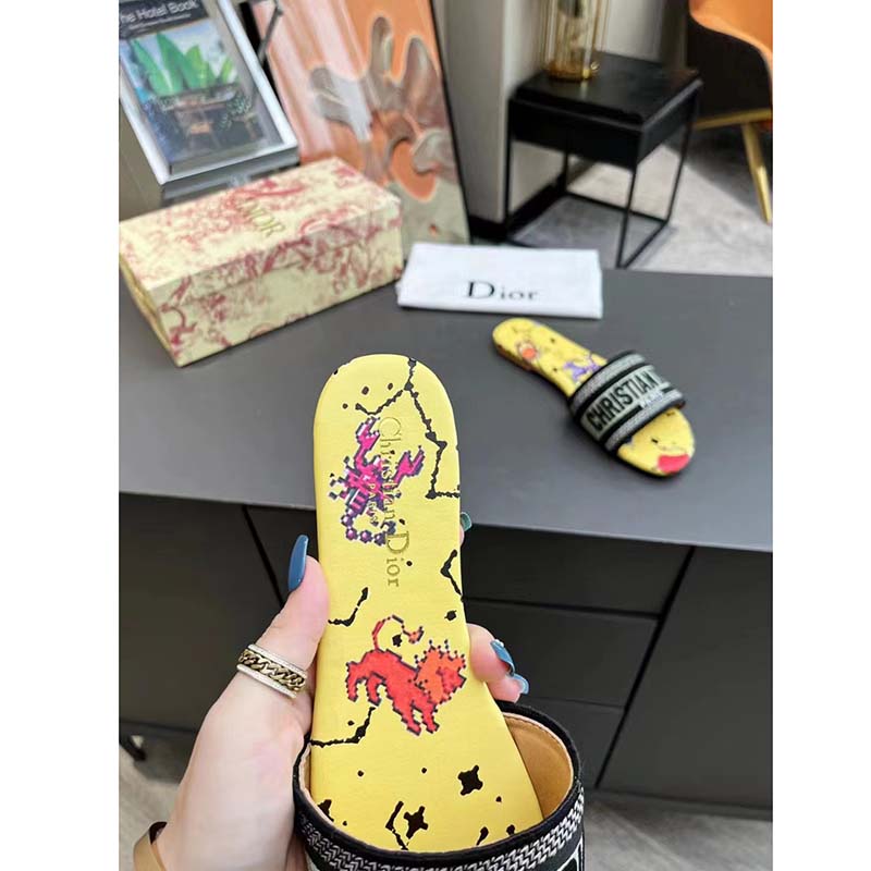 Dior Women CD Shoes Dway Slide Yellow Multicolor Embroidered Cotton Pixel Zodiac Motif