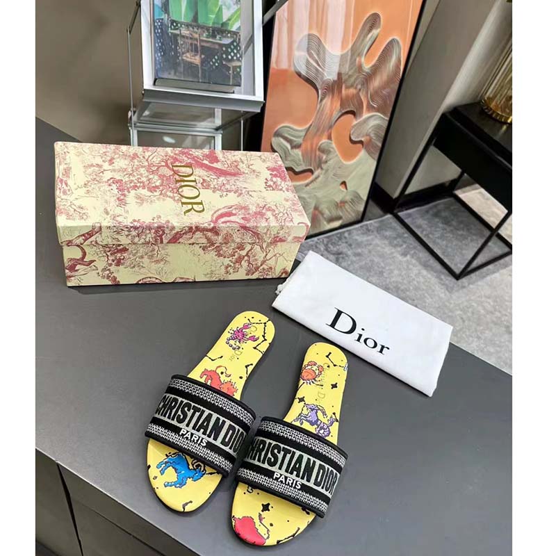 Dior Women CD Shoes Dway Slide Yellow Multicolor Embroidered Cotton Pixel Zodiac Motif