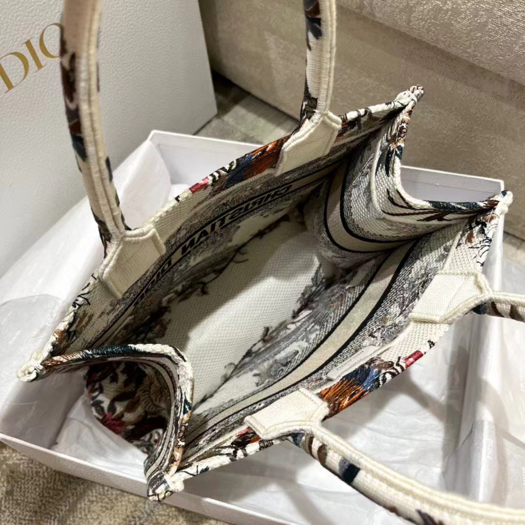 Dior Women CD Small Book Tote Latte Multicolor Dior Jardin D’Hiver Embroidery