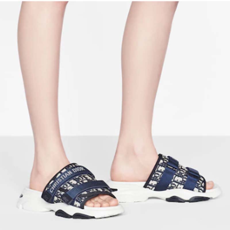 Dior Women Shoes CD D-Wander Slide Black Deep Blue Dior Oblique Technical Fabric