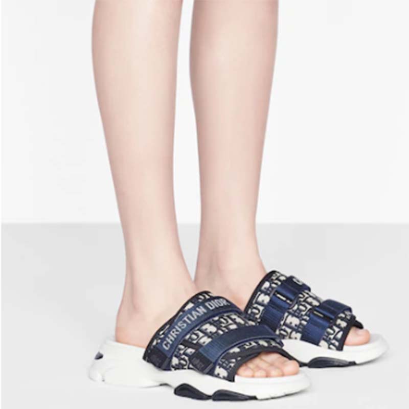 Dior Women Shoes CD D-Wander Slide Black Deep Blue Dior Oblique Technical Fabric