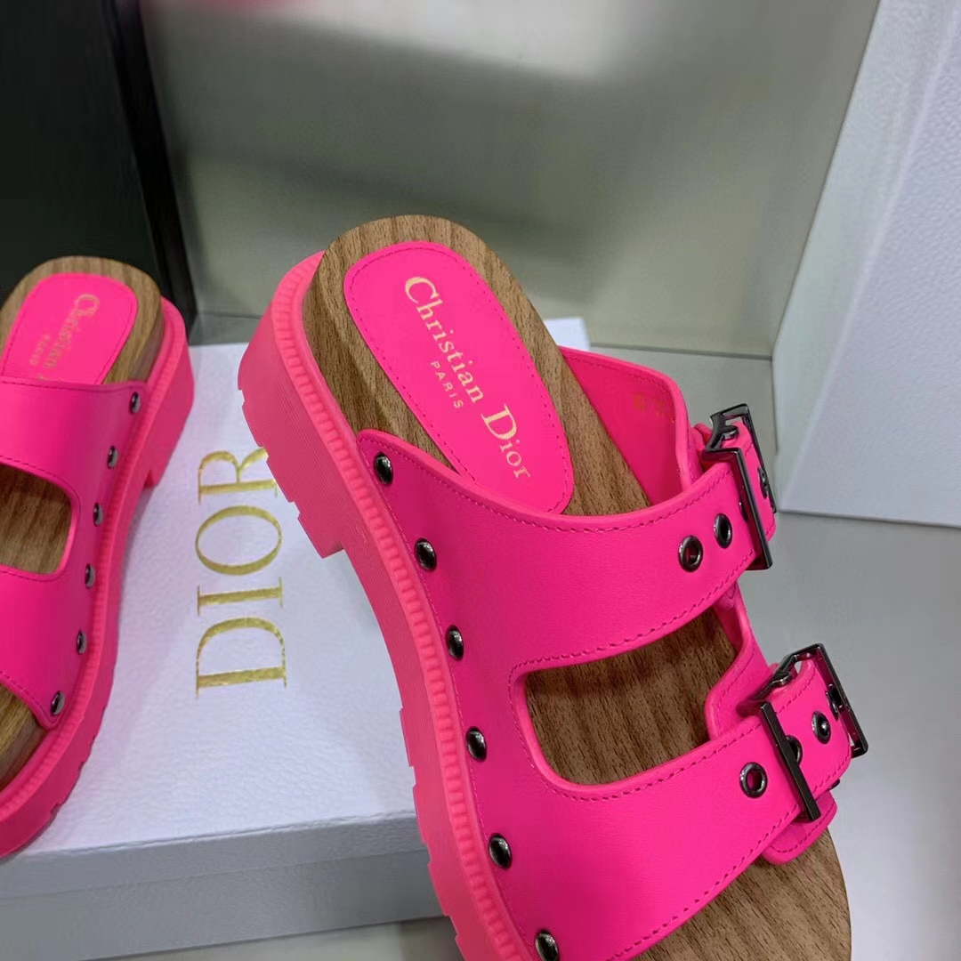 Dior Women Shoes CD Diorquake Strap Sandal Bright Pink Calfskin Wooden Insole