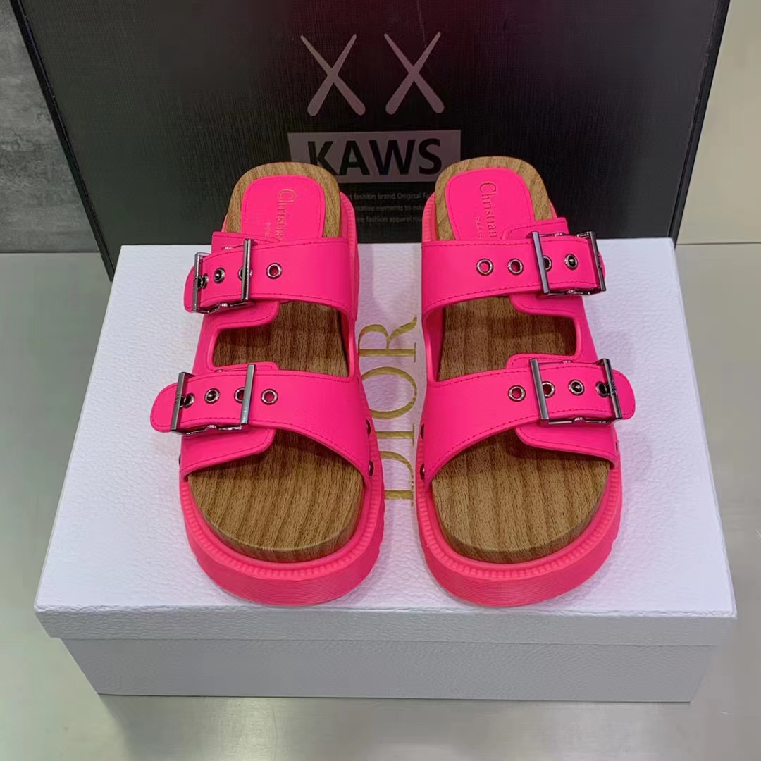 Dior Women Shoes CD Diorquake Strap Sandal Bright Pink Calfskin Wooden Insole