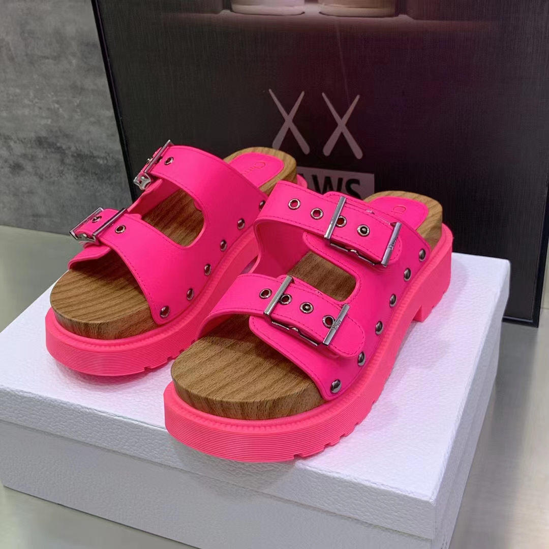 Dior Women Shoes CD Diorquake Strap Sandal Bright Pink Calfskin Wooden Insole