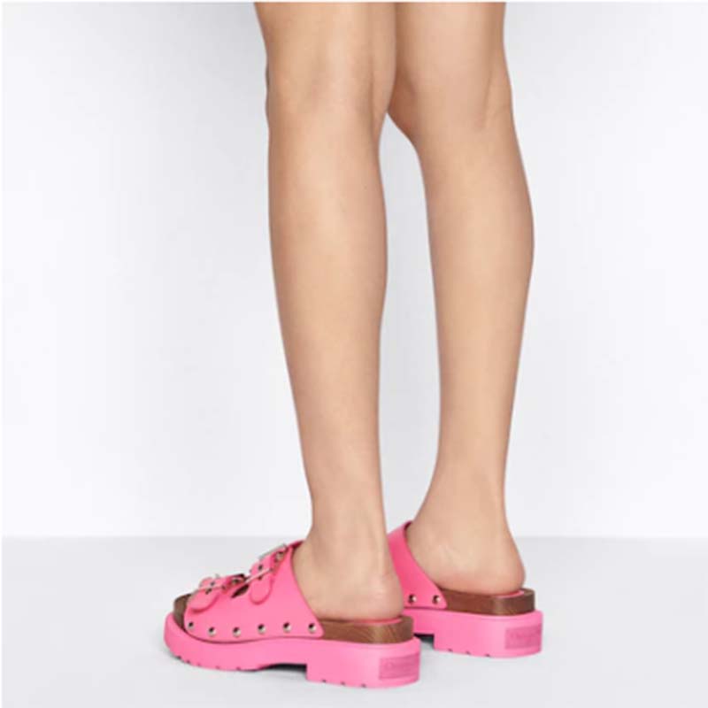Dior Women Shoes CD Diorquake Strap Sandal Bright Pink Calfskin Wooden Insole