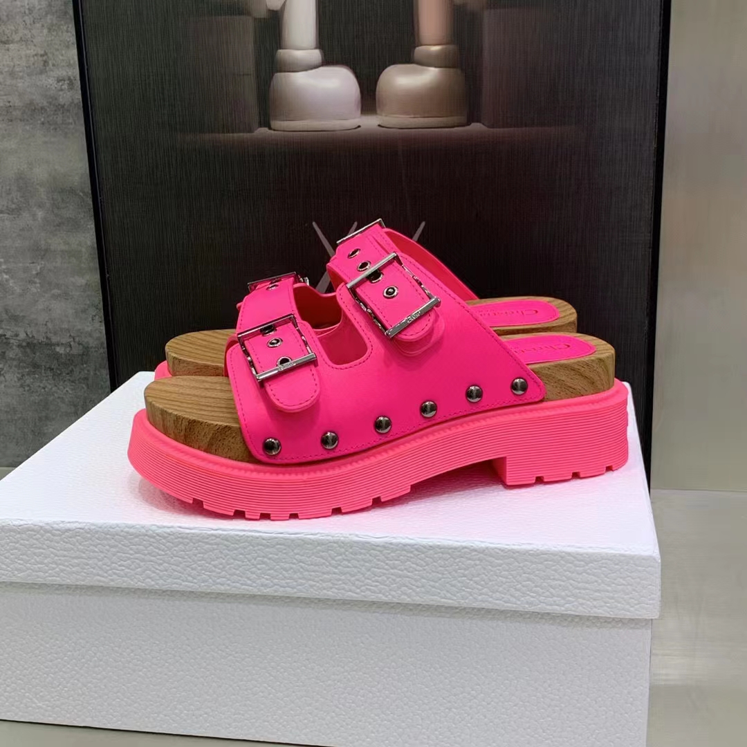 Dior Women Shoes CD Diorquake Strap Sandal Bright Pink Calfskin Wooden Insole