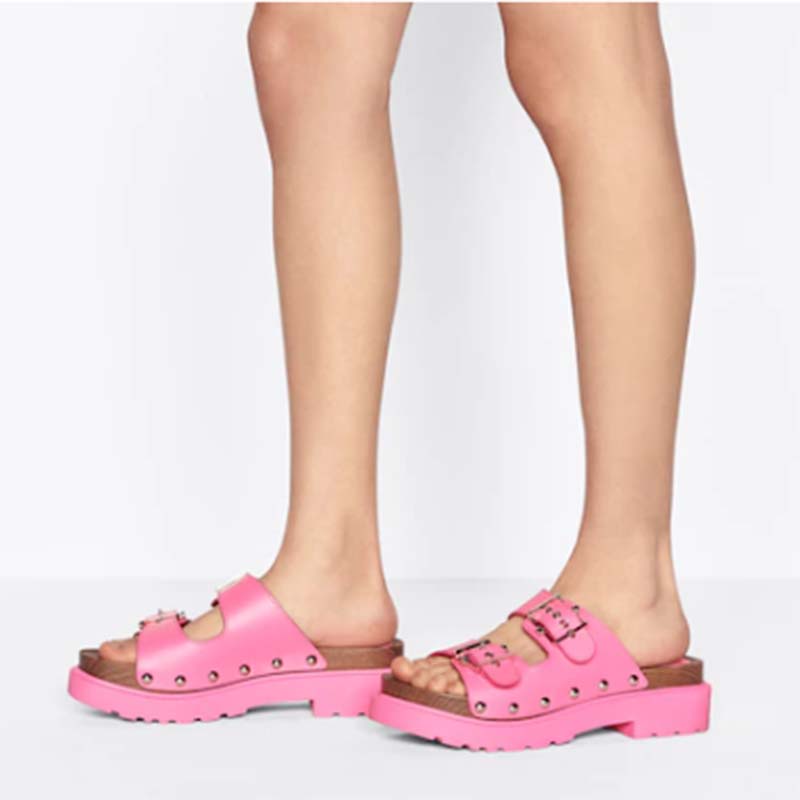 Dior Women Shoes CD Diorquake Strap Sandal Bright Pink Calfskin Wooden Insole
