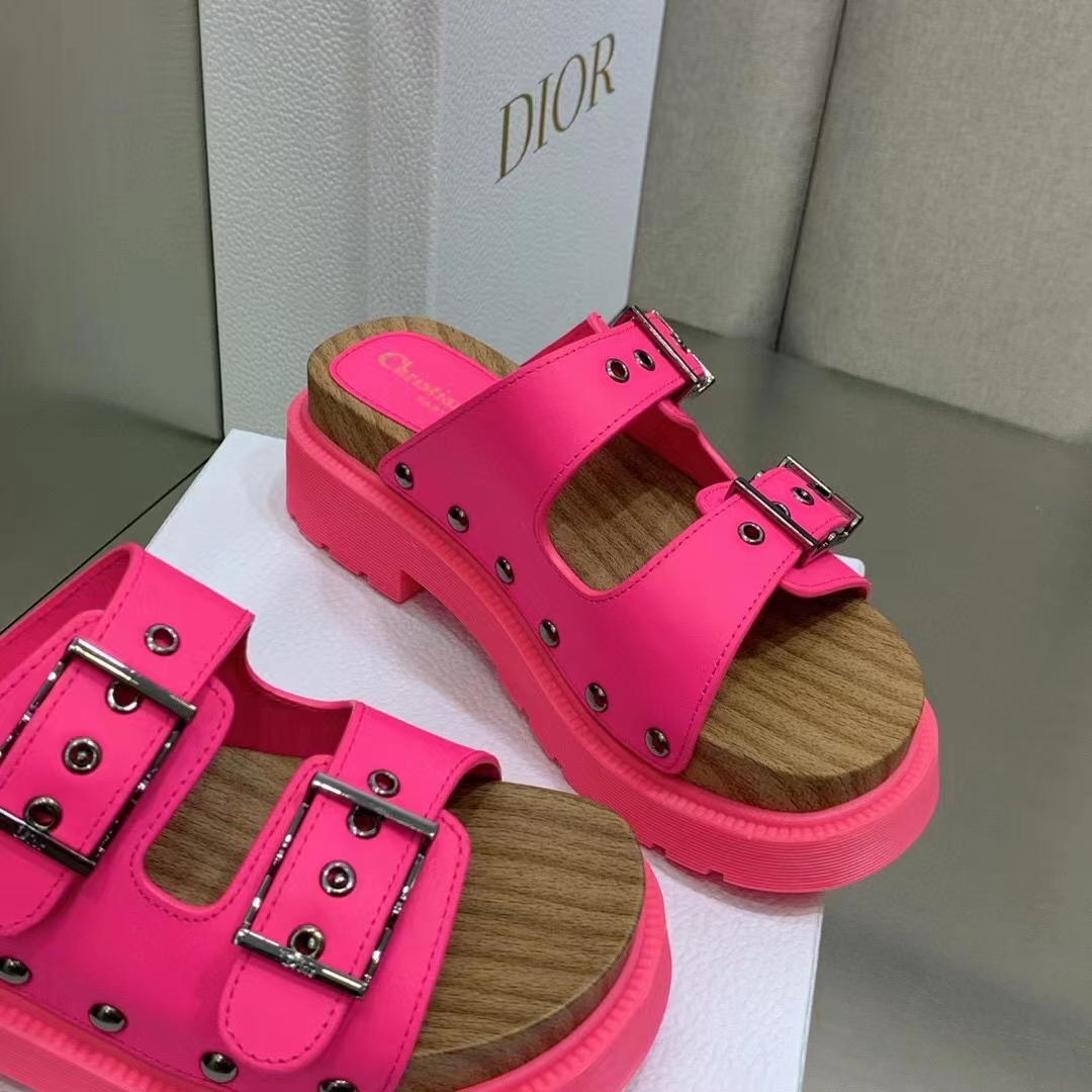 Dior Women Shoes CD Diorquake Strap Sandal Bright Pink Calfskin Wooden Insole