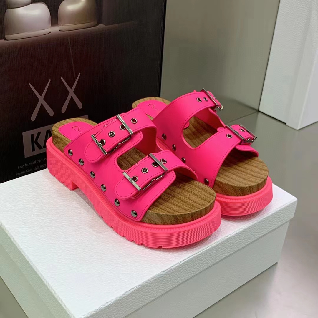 Dior Women Shoes CD Diorquake Strap Sandal Bright Pink Calfskin Wooden Insole
