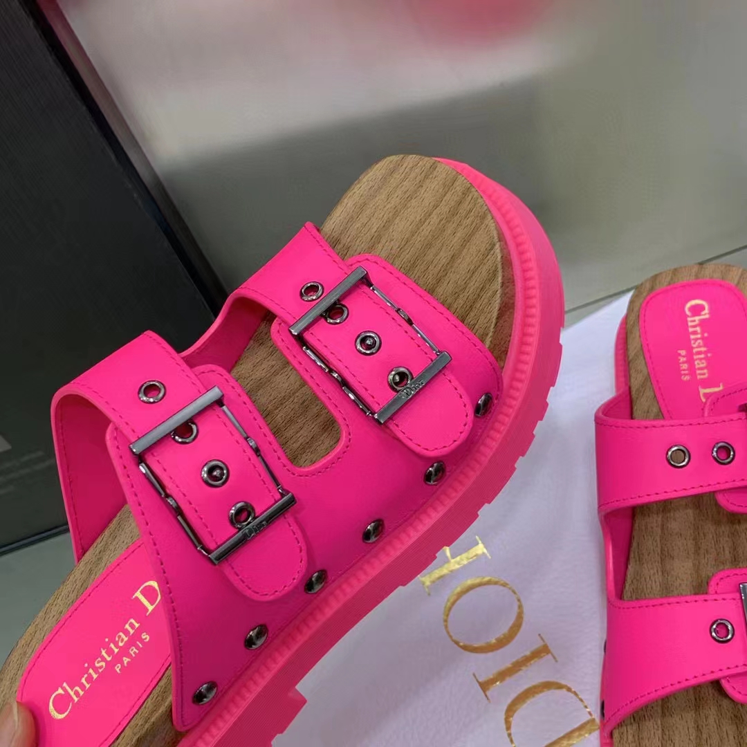 Dior Women Shoes CD Diorquake Strap Sandal Bright Pink Calfskin Wooden Insole