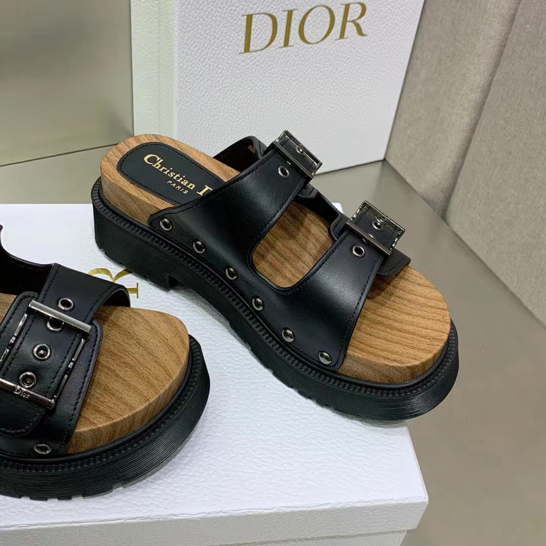 Dior Women Shoes CD Diorquake Strap Slide Black Calfskin Wooden Insole