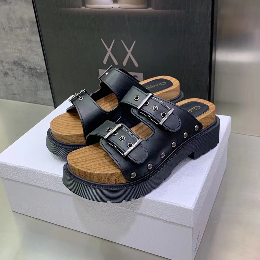 Dior Women Shoes CD Diorquake Strap Slide Black Calfskin Wooden Insole