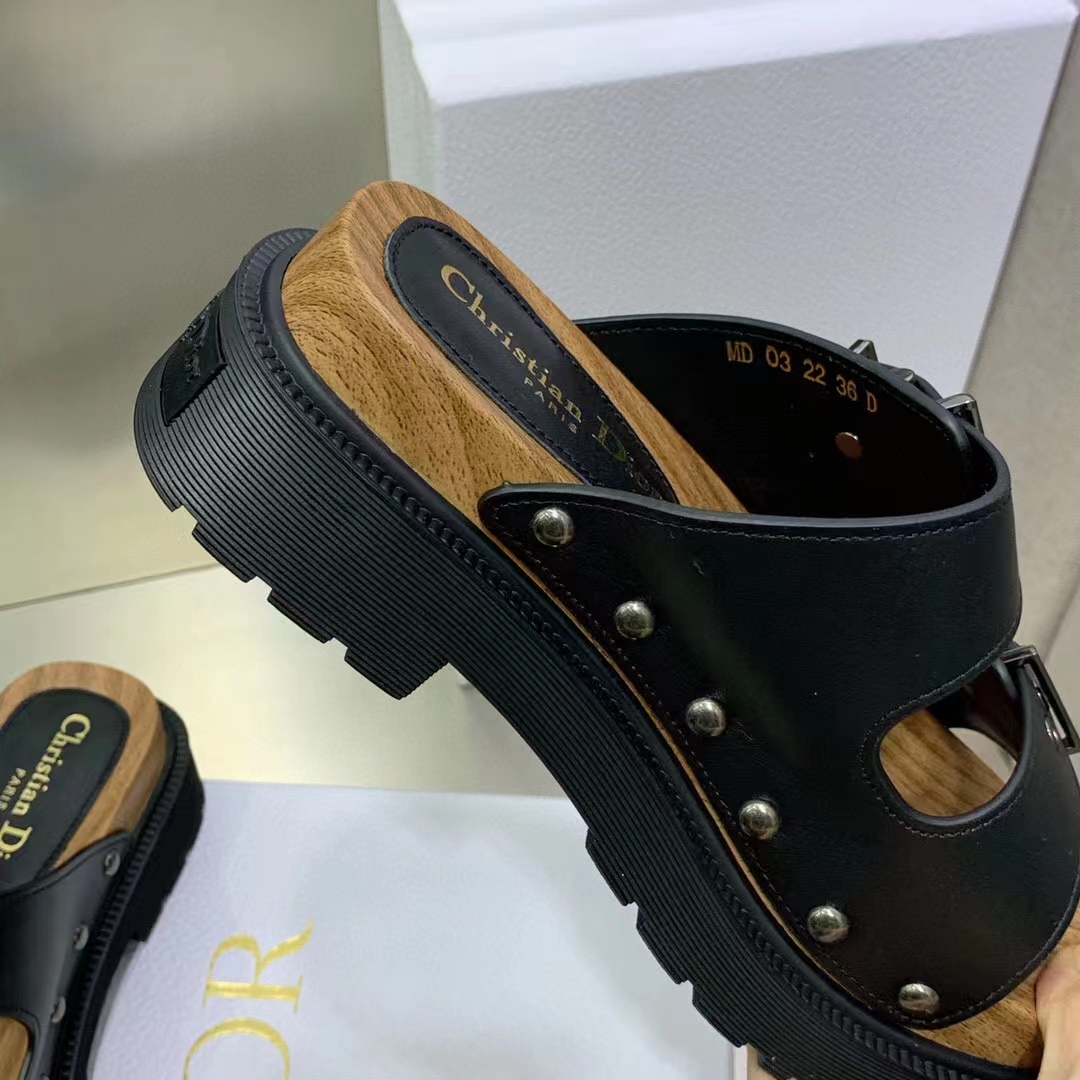 Dior Women Shoes CD Diorquake Strap Slide Black Calfskin Wooden Insole