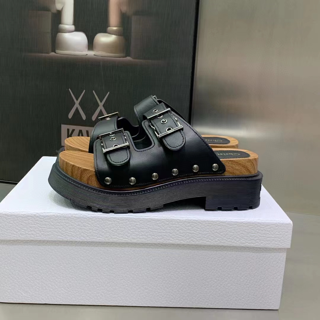 Dior Women Shoes CD Diorquake Strap Slide Black Calfskin Wooden Insole