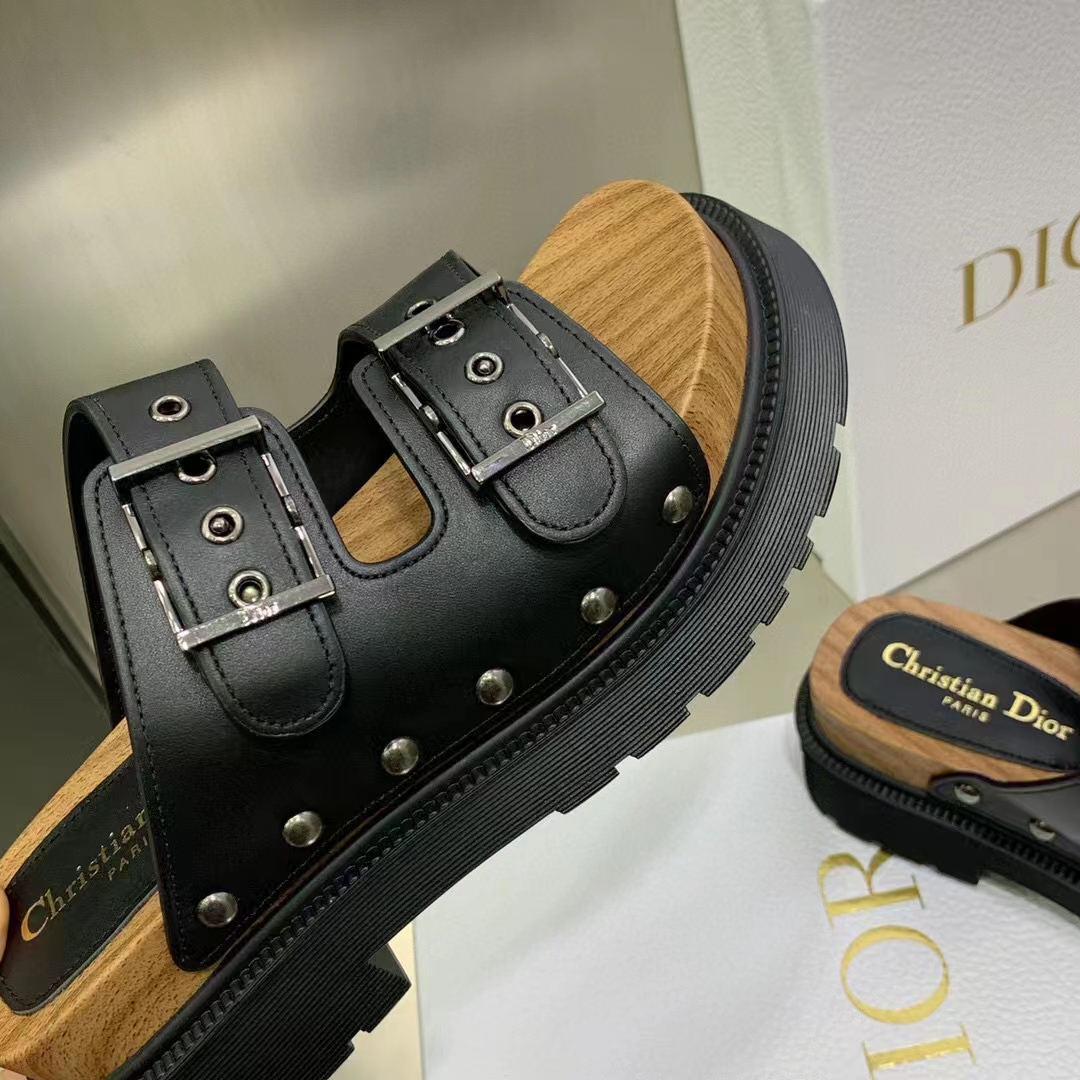Dior Women Shoes CD Diorquake Strap Slide Black Calfskin Wooden Insole