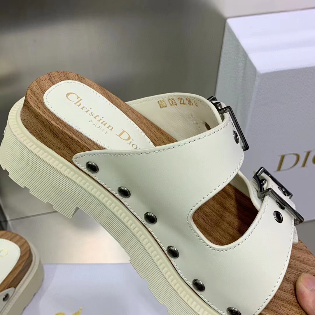 Dior Women Shoes CD Diorquake Strap Slide White Calfskin Wooden Insole