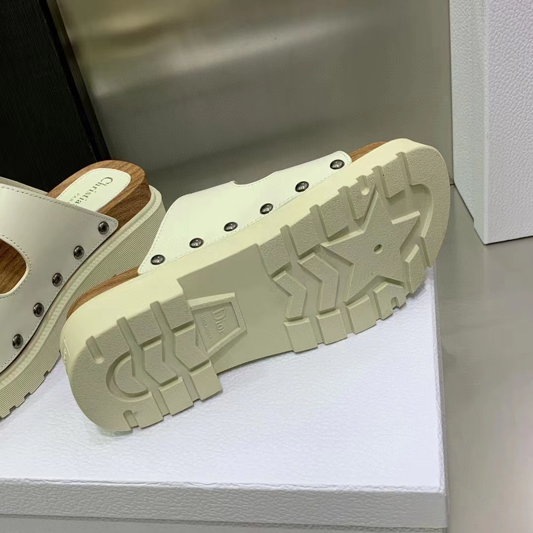 Dior Women Shoes CD Diorquake Strap Slide White Calfskin Wooden Insole