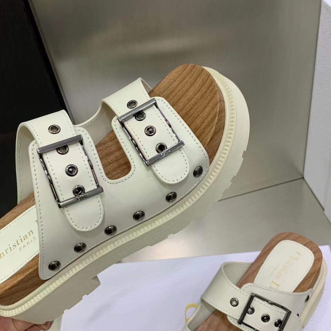 Dior Women Shoes CD Diorquake Strap Slide White Calfskin Wooden Insole