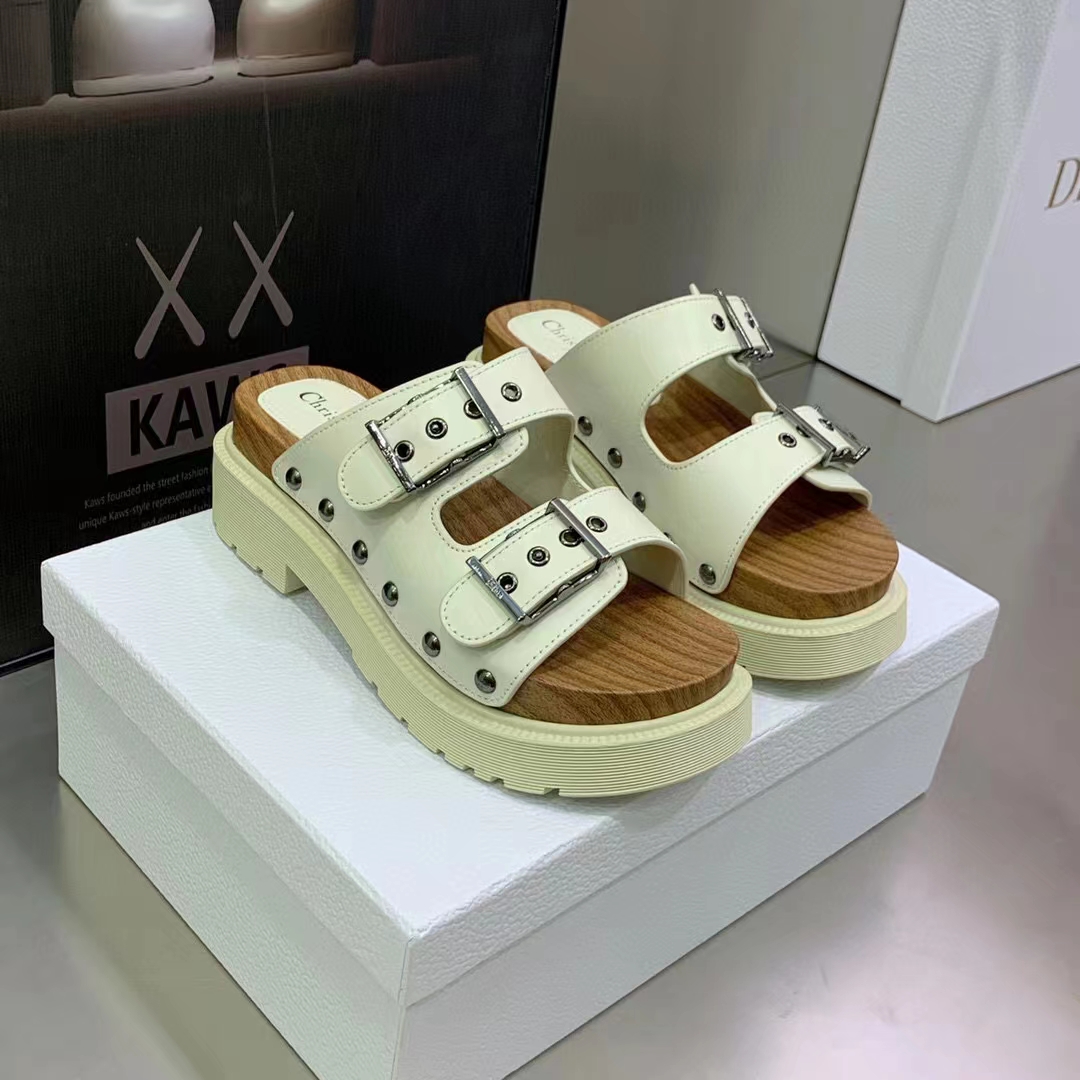 Dior Women Shoes CD Diorquake Strap Slide White Calfskin Wooden Insole