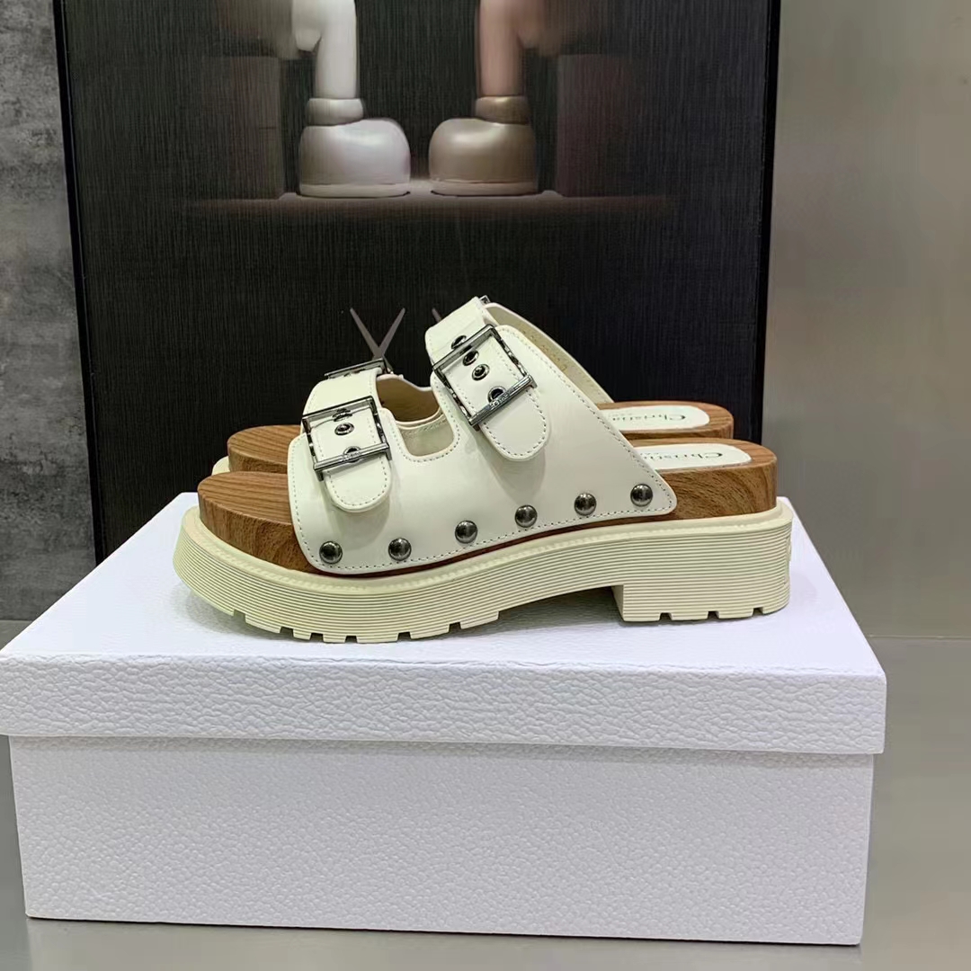 Dior Women Shoes CD Diorquake Strap Slide White Calfskin Wooden Insole