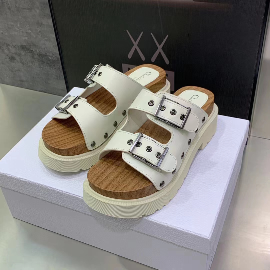 Dior Women Shoes CD Diorquake Strap Slide White Calfskin Wooden Insole